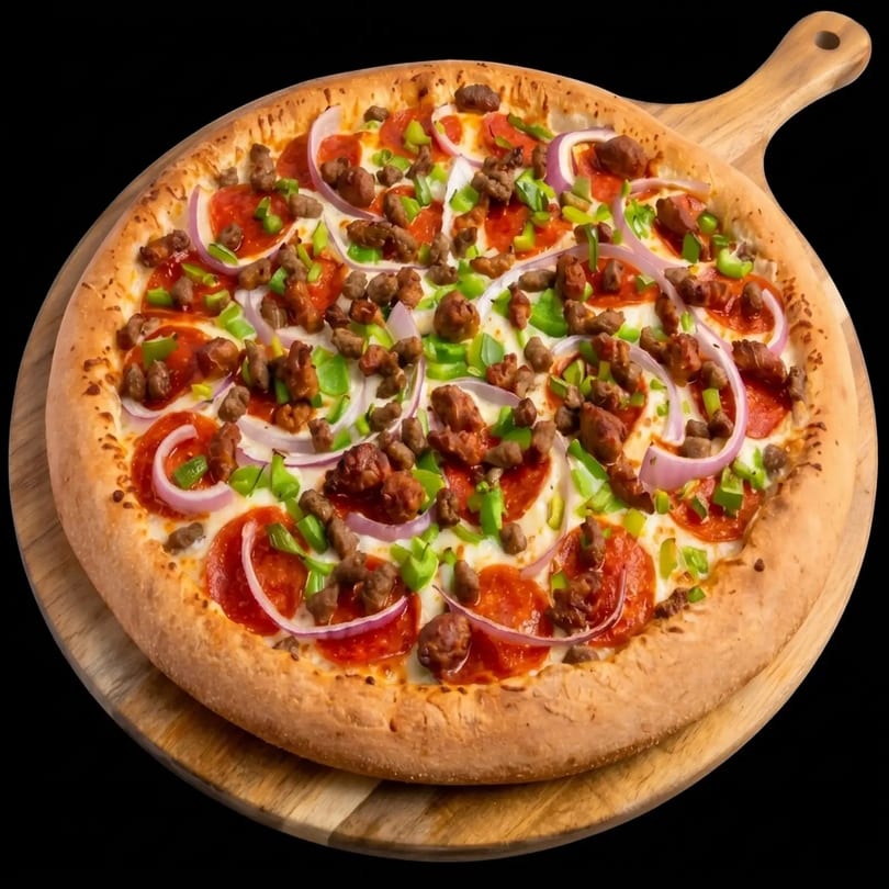 A pepperoni, sausage, green pepper, and red onion pizza on a wooden serving board.