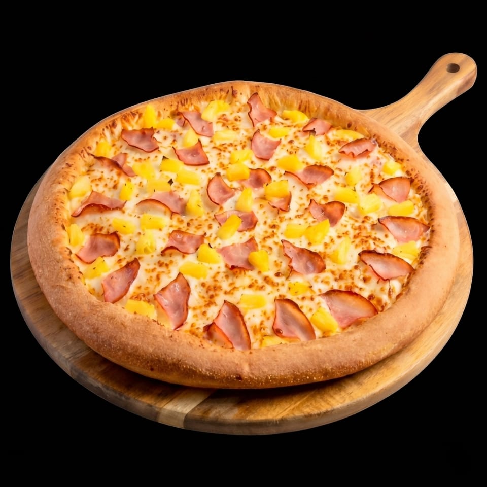 Hawaiian pizza with ham and pineapple on a wooden serving board.