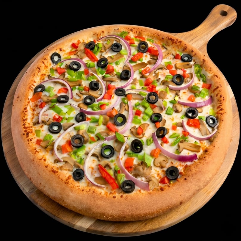 A freshly baked pizza with mushrooms, olives, red onions, and green and red bell peppers.