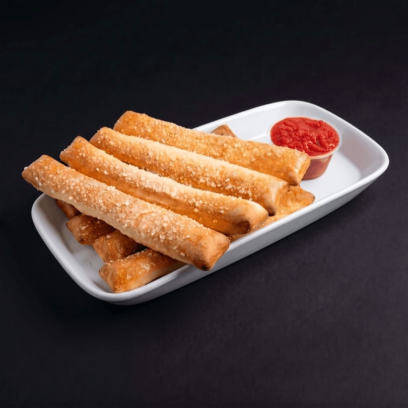 Golden-brown breadsticks, sprinkled with Parmesan cheese, served with a side of marinara sauce.