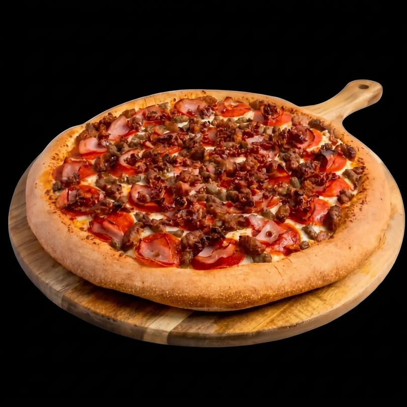 A large, thick-crust pizza with pepperoni, ham, and ground meat toppings on a wooden board.