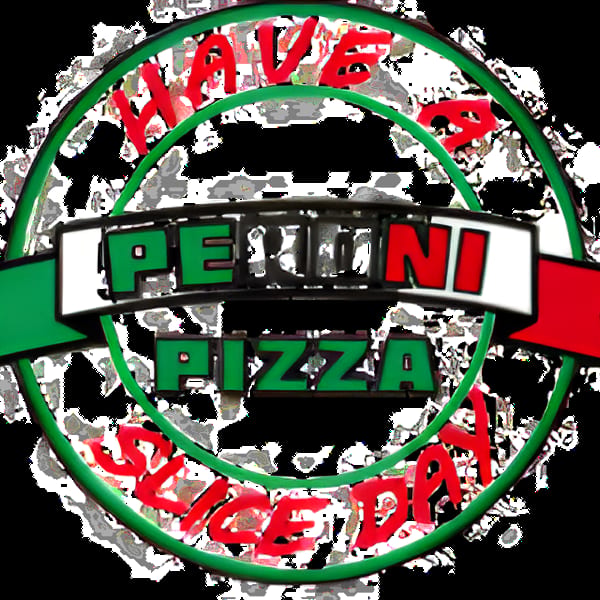 Peroni Pizza logo with "Have a Slice Day" text in a green and red circle.