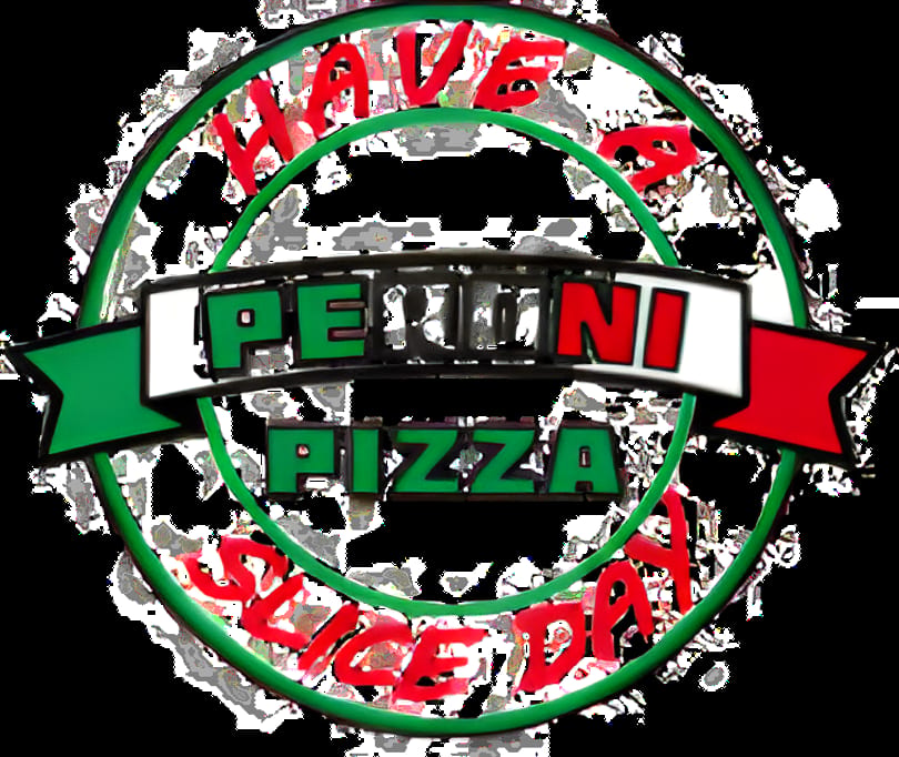 Peroni Pizza logo with "Have a Slice Day" text in a green and red circle.