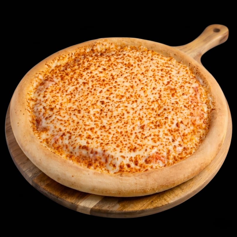 A whole cheese pizza with a thick crust sits on a round wooden serving board.