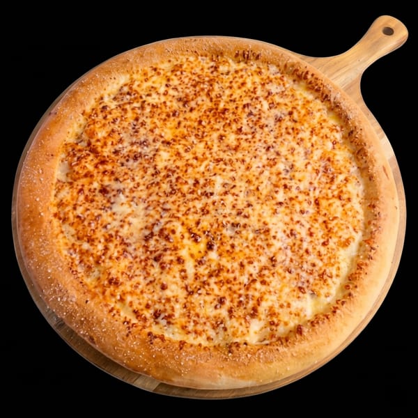 A whole cheese pizza with a golden crust, served on a wooden pizza peel.