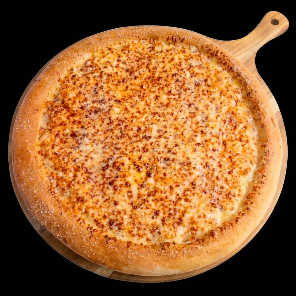 A whole cheese pizza with a golden crust, served on a wooden pizza peel.