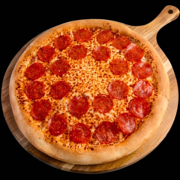 A whole pepperoni pizza with melted cheese on a wooden pizza peel.