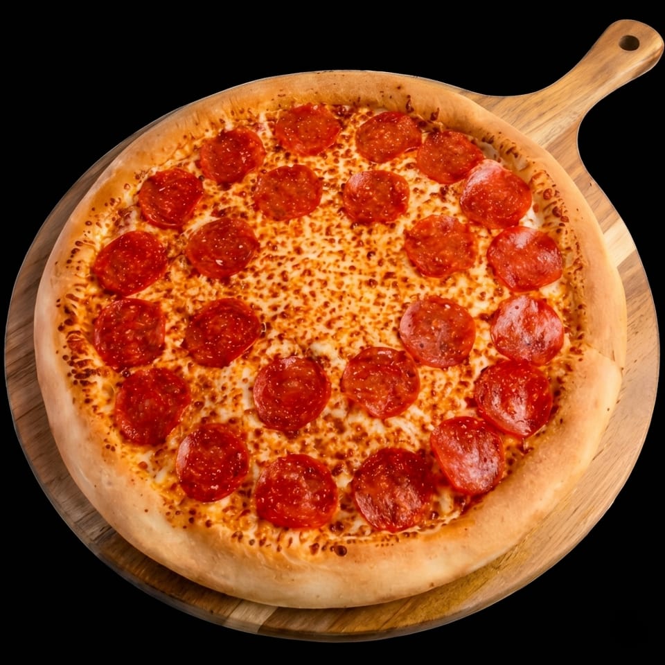 A whole pepperoni pizza with melted cheese on a wooden pizza peel.