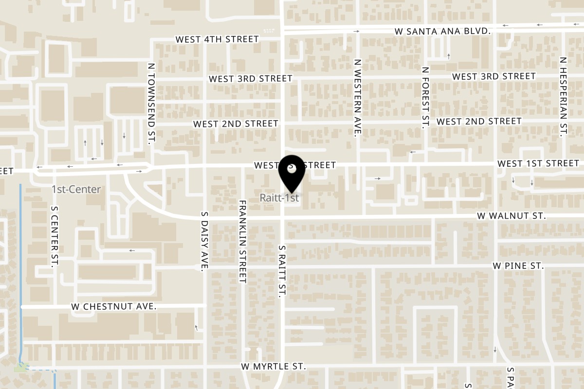 Map showing the location of Peroni Pizza Santa Ana - 1st on 1734 W 1st St in Santa Ana