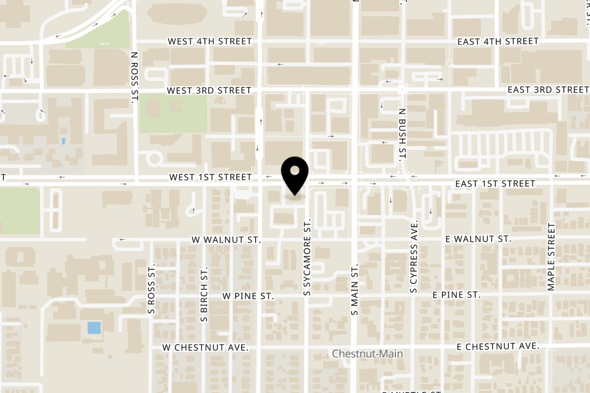 Map showing the location of Peroni Pizza Santa Ana - 2nd on 200 W 1st St in Santa Ana